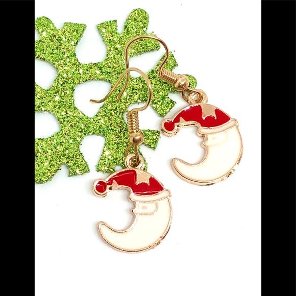 Christmas Santa Claus Crescent Moon Red White Enamel Gold Tone Dangle Earrings - Picture 4 of 5